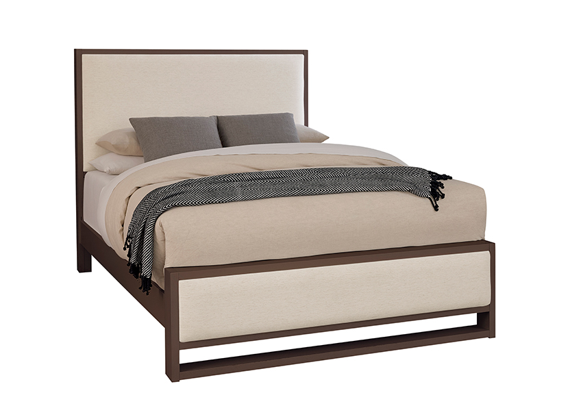 Wood Trim Upholstered Bed - Ivory Cream Fabric