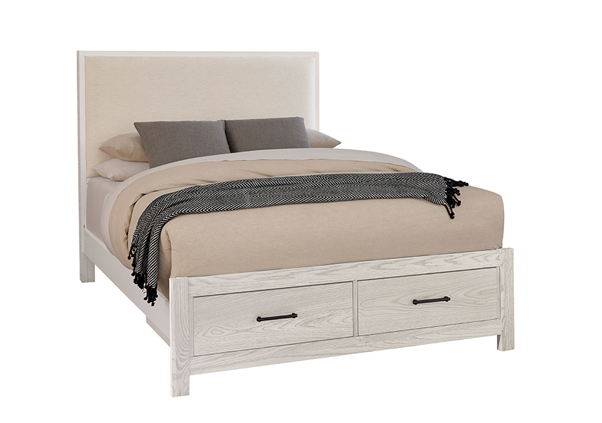 Wood Trim Upholstered Storage Bed - Ivory Cream Fabric