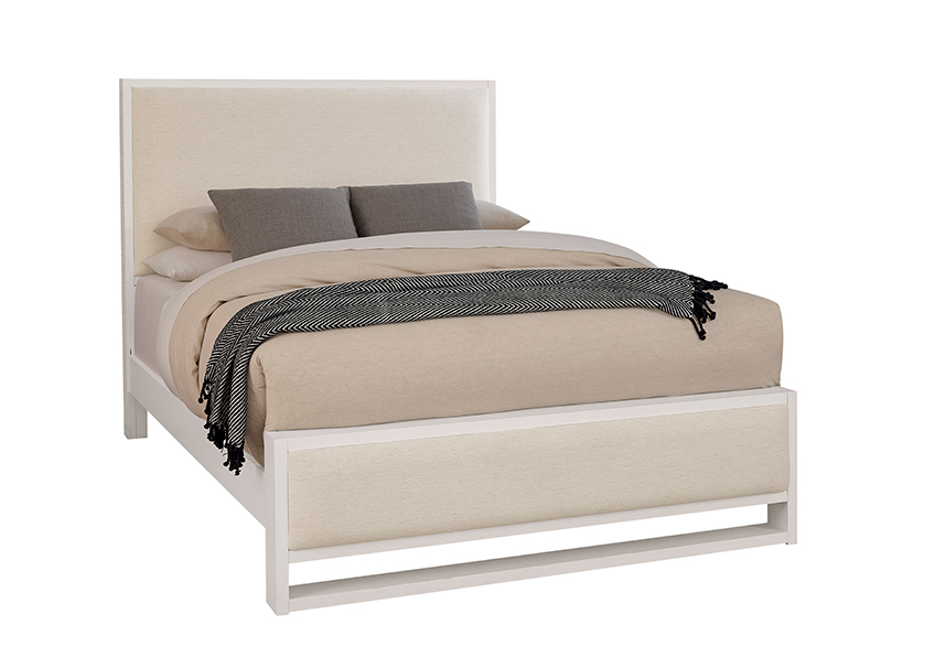 Wood Trim Upholstered Bed - Ivory Cream Fabric